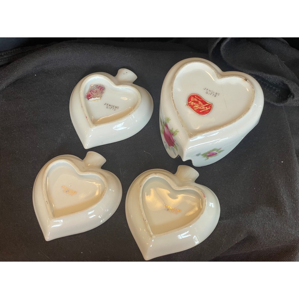 Vintage Lefton Jensens Gifts Heart Porcelain Rose Trinket Bowl & 3 Ashtrays Set - Picture 2 of 14